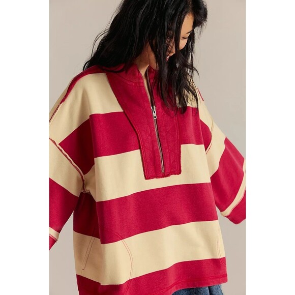 Free People We The Free Seaside Funnel Pullover Top Oversized Striped M 283934 - Picture 4 of 9
